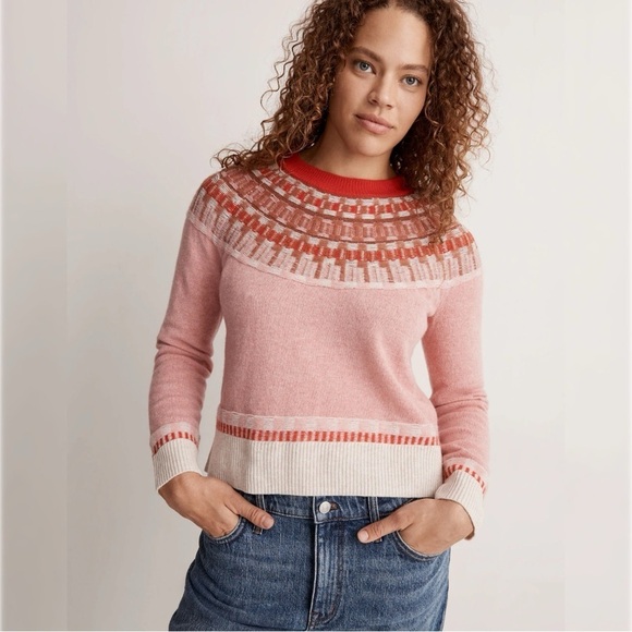 Madewell Mayer Fair Isle Sweater Pullover Wool Knit Preppy Twee Pink Red L NWT - Picture 1 of 13